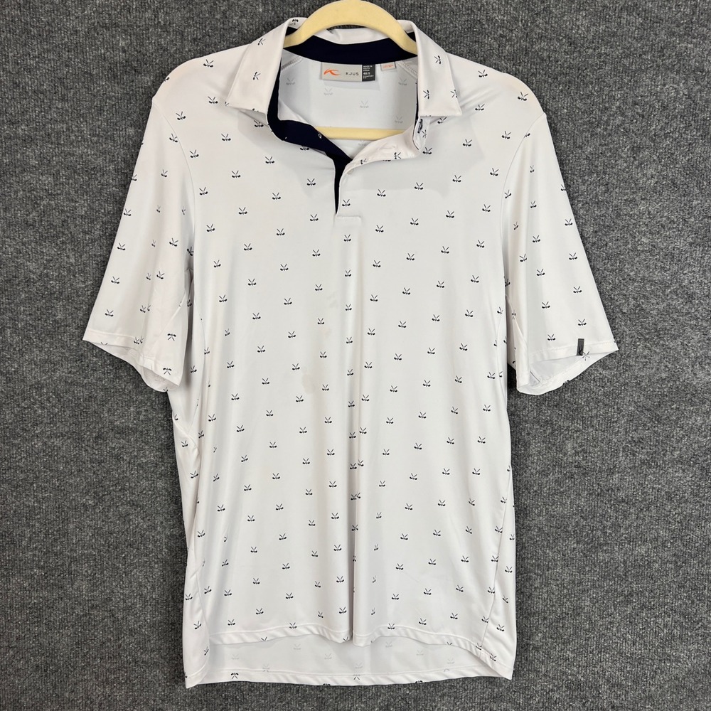 KJUS Golf Polo Shirt Mens Small Comfort‎ Fit UPF50+ White Golf Club Print 48 S